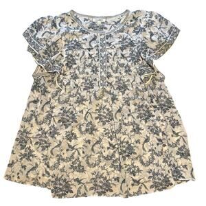 Max Studio Women’s blue white floral bird semi sheer blouse XL